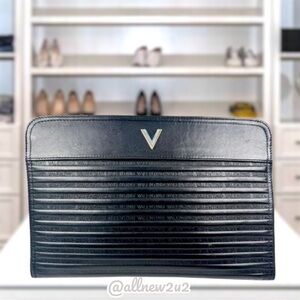 Mario Valentino black leather clutch bag pouch Gold V logo Authentic